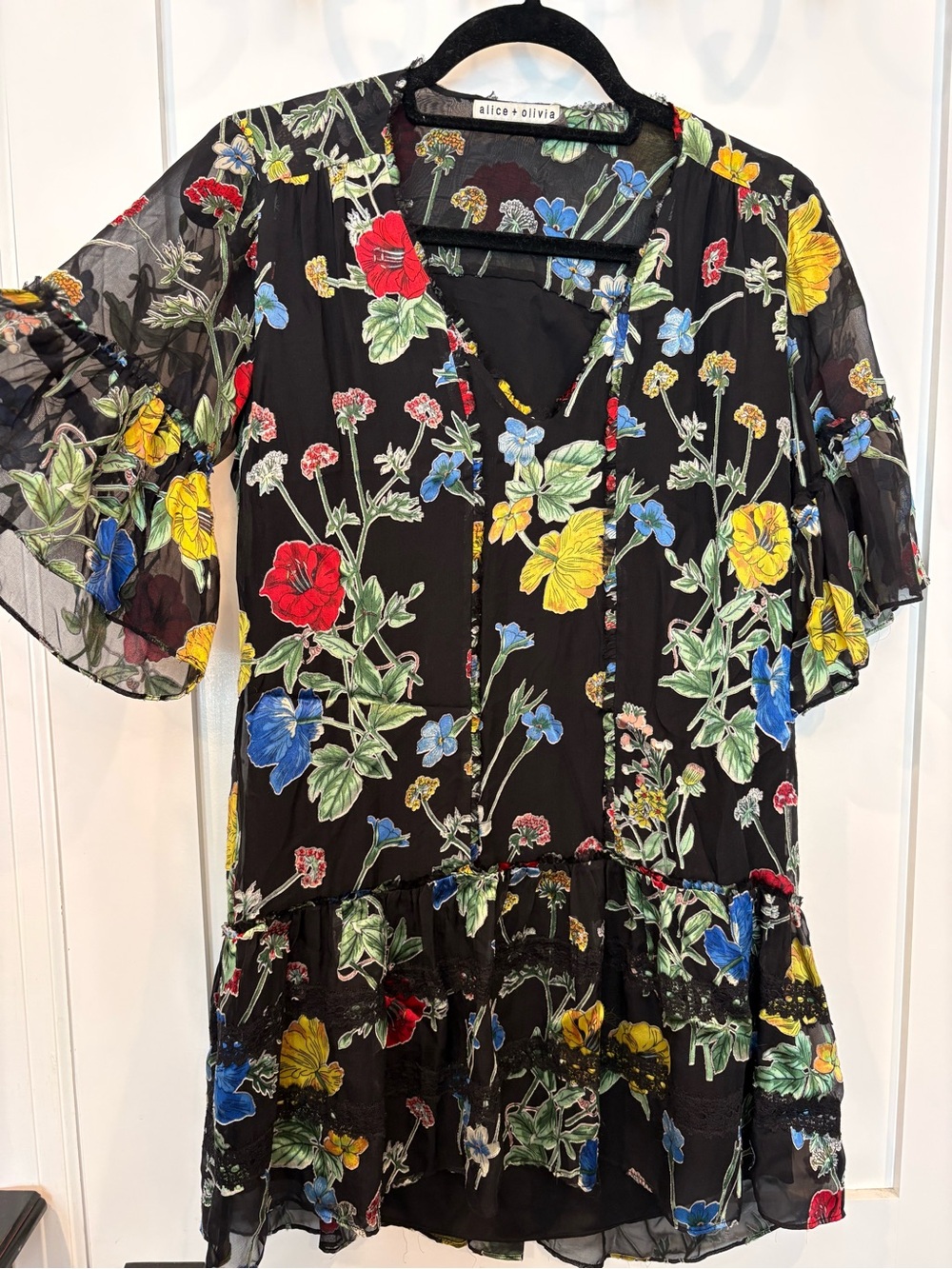 Alice + Olivia Black Floral Sheer Ruffle Tunic with Multicolor Blooms